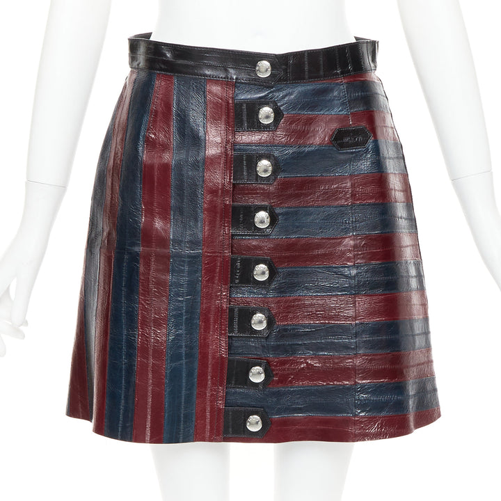 LOUIS VUITTON 2015 Runway burgundy navy eel leather patchwork skirt FR38 M