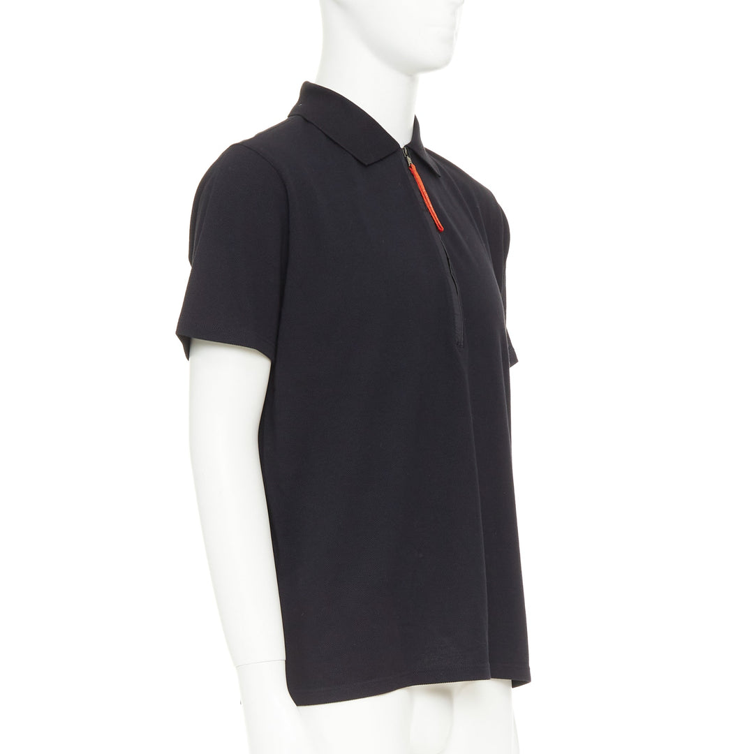 PRADA Linea Rossa black cotton pique red pull half zip polo shirt L