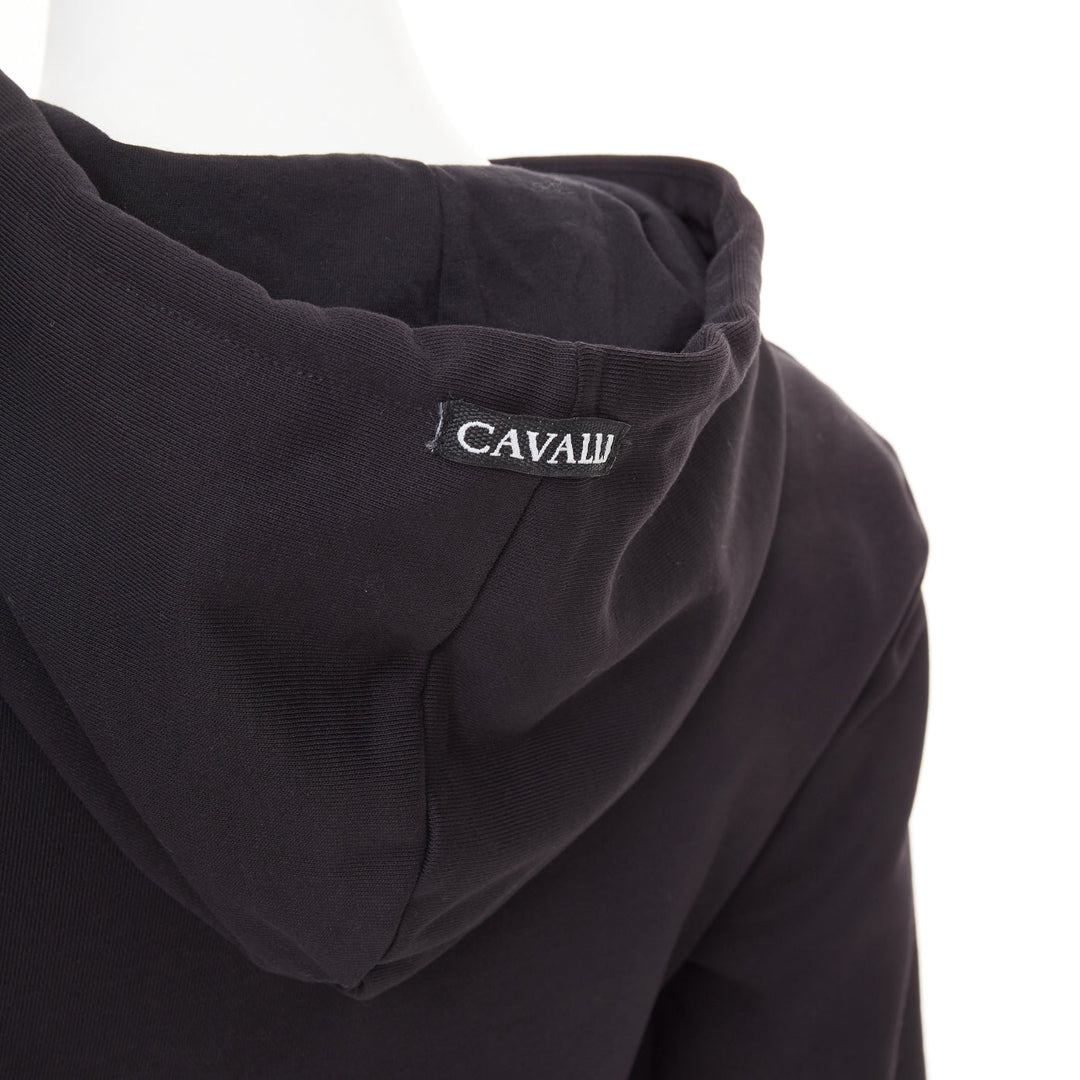 ROBERTO CAVALLI Snake And Logo-Print black cotton crystal embellished hoodie XS