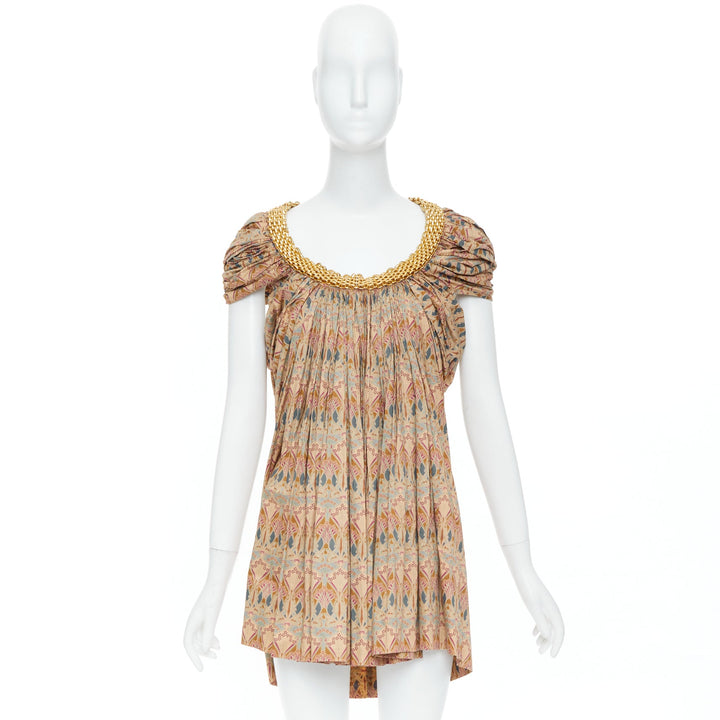 JUNYA WATANABE 2008 beige ethnic print gold chain hardware high low dress S