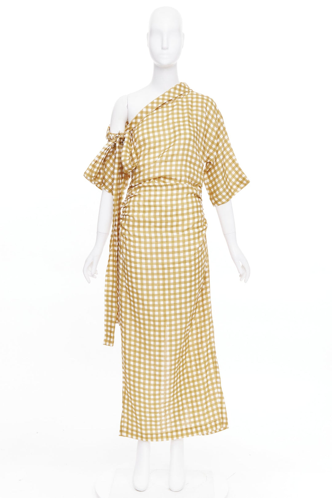 BERNADETTE Nowie brown off white gingham linen asymmetric belted dress IT40 S