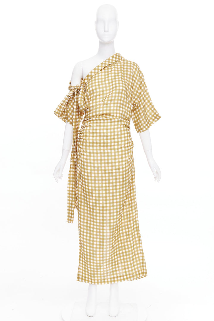 BERNADETTE Nowie brown off white gingham linen asymmetric belted dress IT40 S