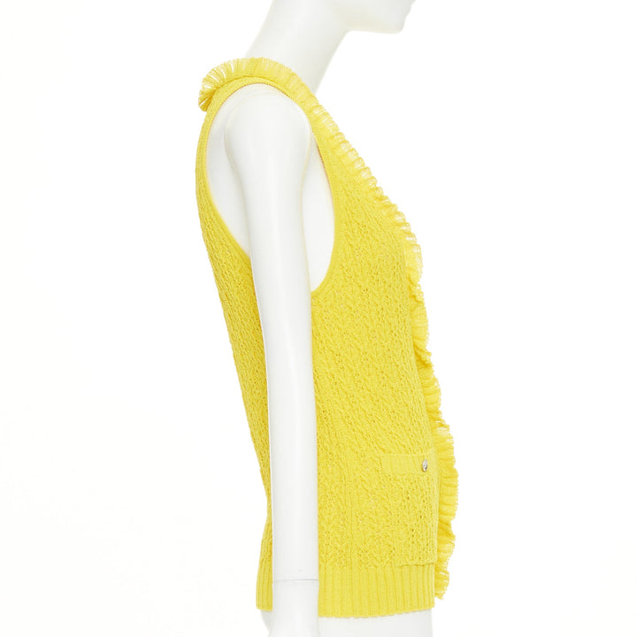 CHANEL 2025 marigold yellow openwork ruffle trim cotton vest cardigan FR34 XXS