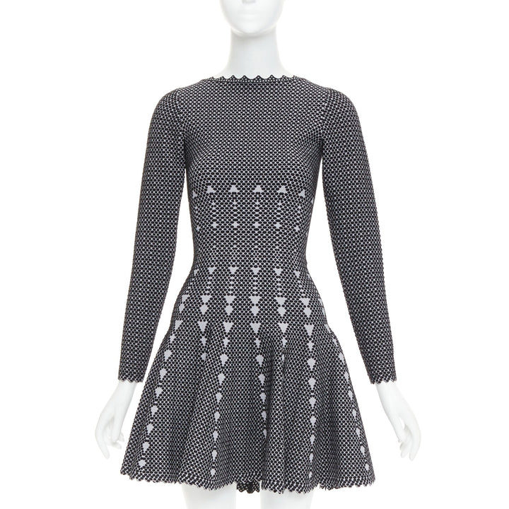 ALAIA black grey virgin wool blend dot graphic skater fit flared dress FR36 S