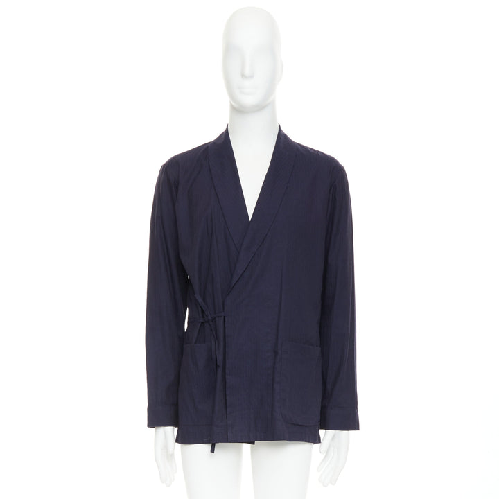 DRIES VAN NOTEN navy subtle printed cotton collared kimono overshirt IT44 XS