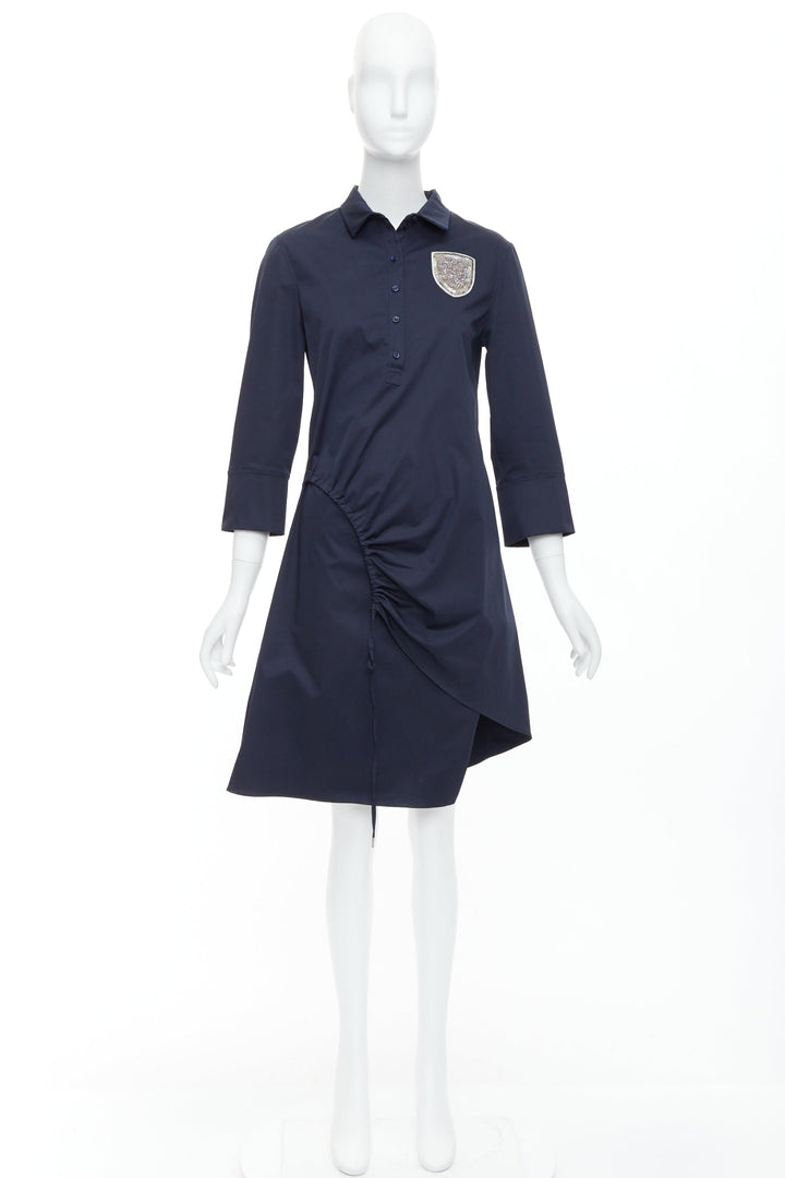 CHRISTIAN DIOR navy cotton beaded crest badge button down dress FR36 S