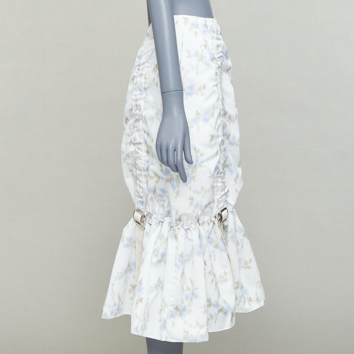 SIMONE ROCHA white blue floral print ruched web trim midi skirt UK4 XXS