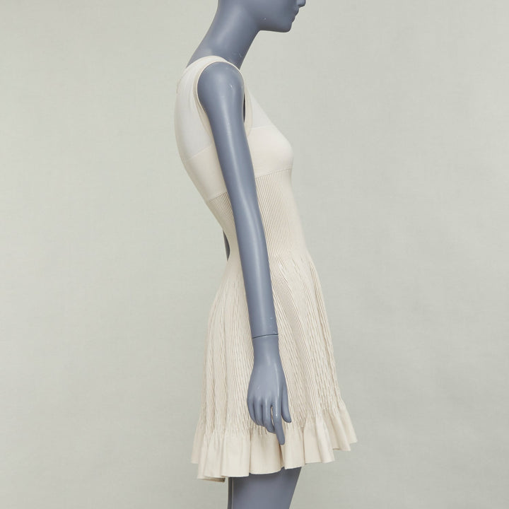 ALAIA ivory beige virgin wool contour waist sleeveless fit flare dress FR36 S