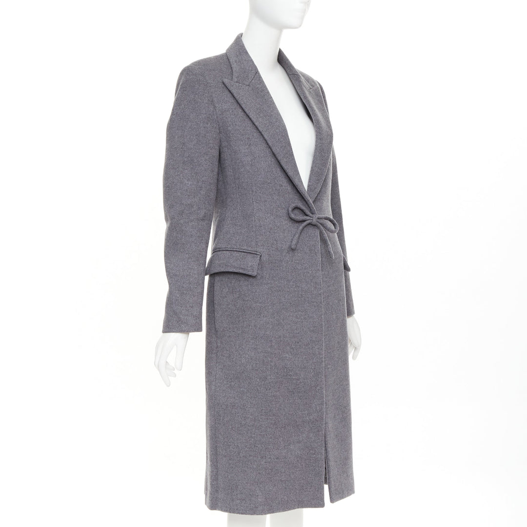 VALENTINO grey wool flannel bow tie front panelled long tailored coat IT38 XS
