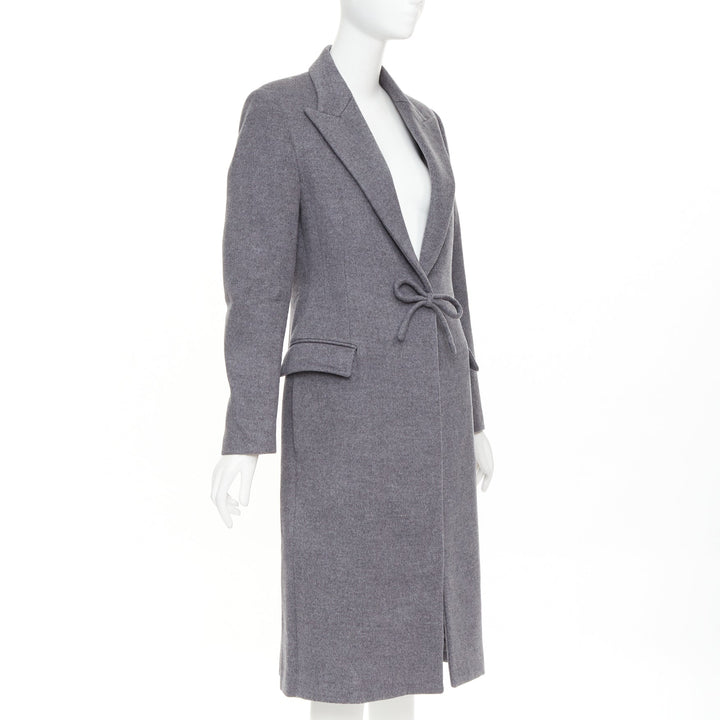 VALENTINO grey wool flannel bow tie front panelled long tailored coat IT38 XS