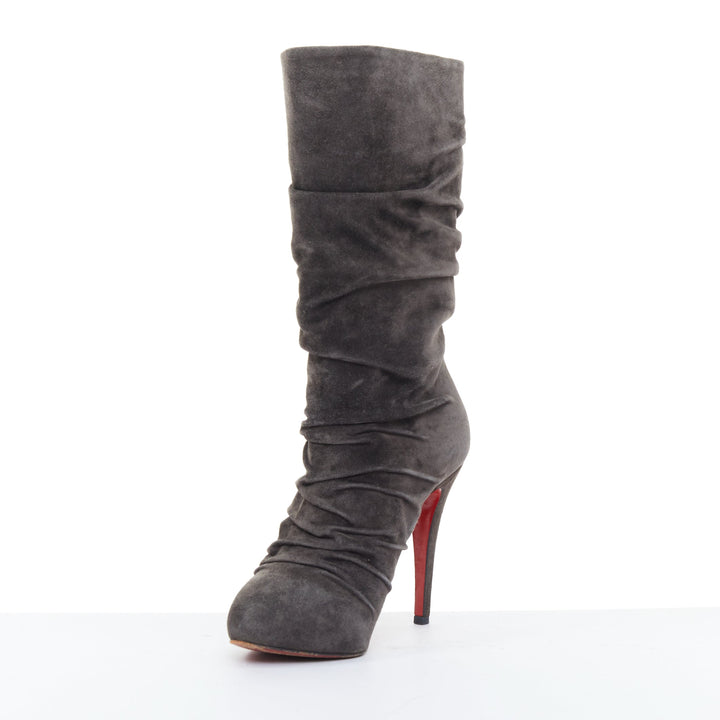 CHRISTIAN LOUBOUTIN Piros 120 charcoal gray suede ruched slouch boots EU37.5