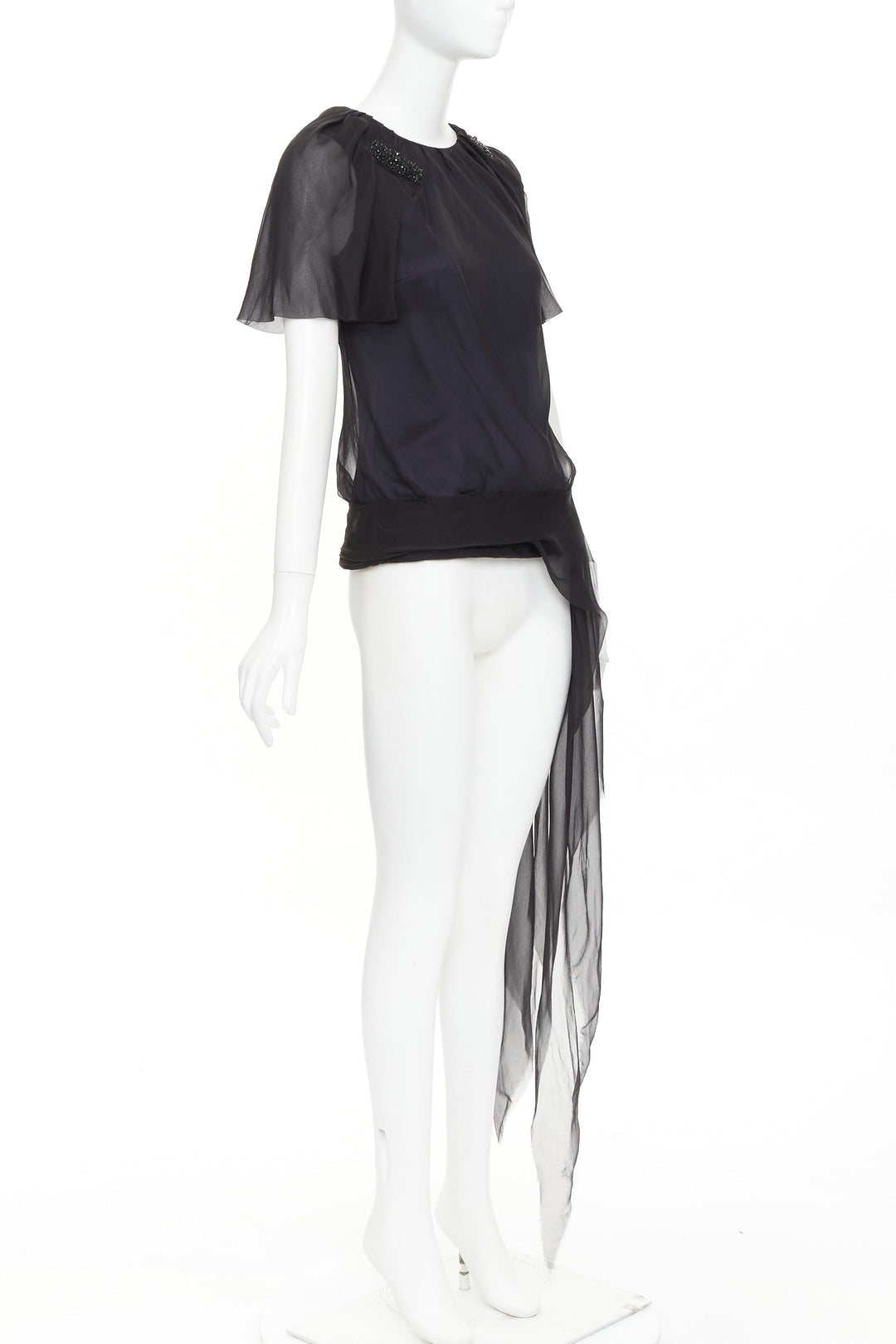 J MENDEL Chiffon Draped Top black beads embellished asymmetric blouse top US2 S