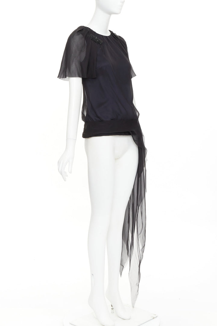 J MENDEL Chiffon Draped Top black beads embellished asymmetric blouse top US2 S
