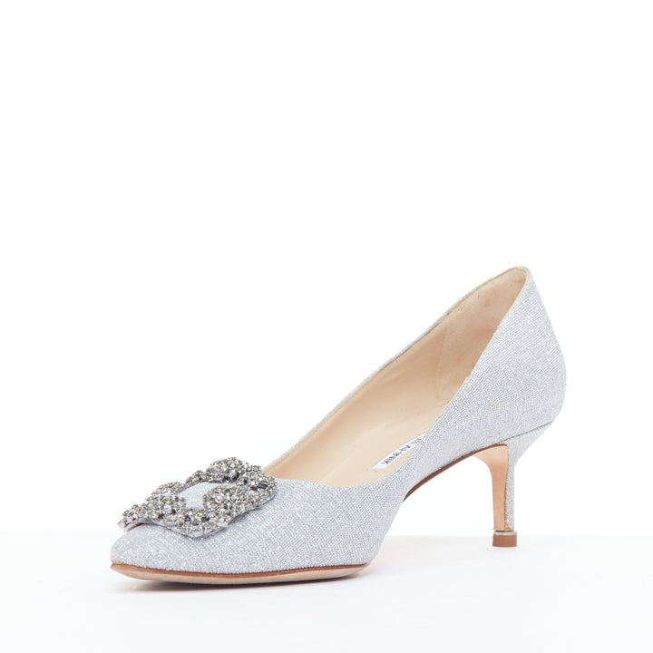 MANOLO BLAHNIK Hangisi 60 silver fabric crystal buckle pumps EU39