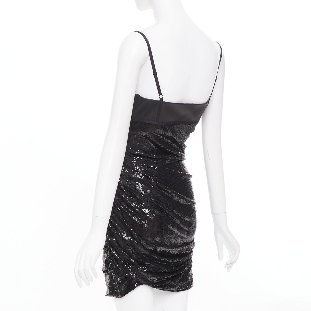 ALEXANDER WANG black lambskin leather Sequin Goddess ruched dress US4 S