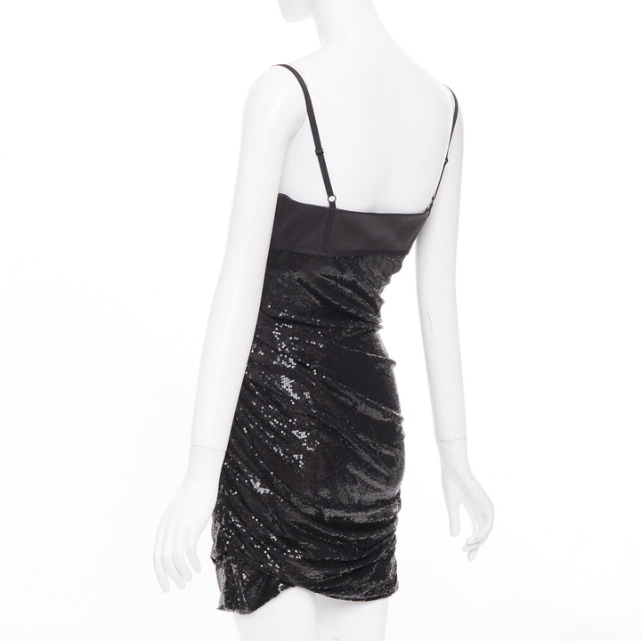 ALEXANDER WANG black lambskin leather Sequin Goddess ruched dress US4 S