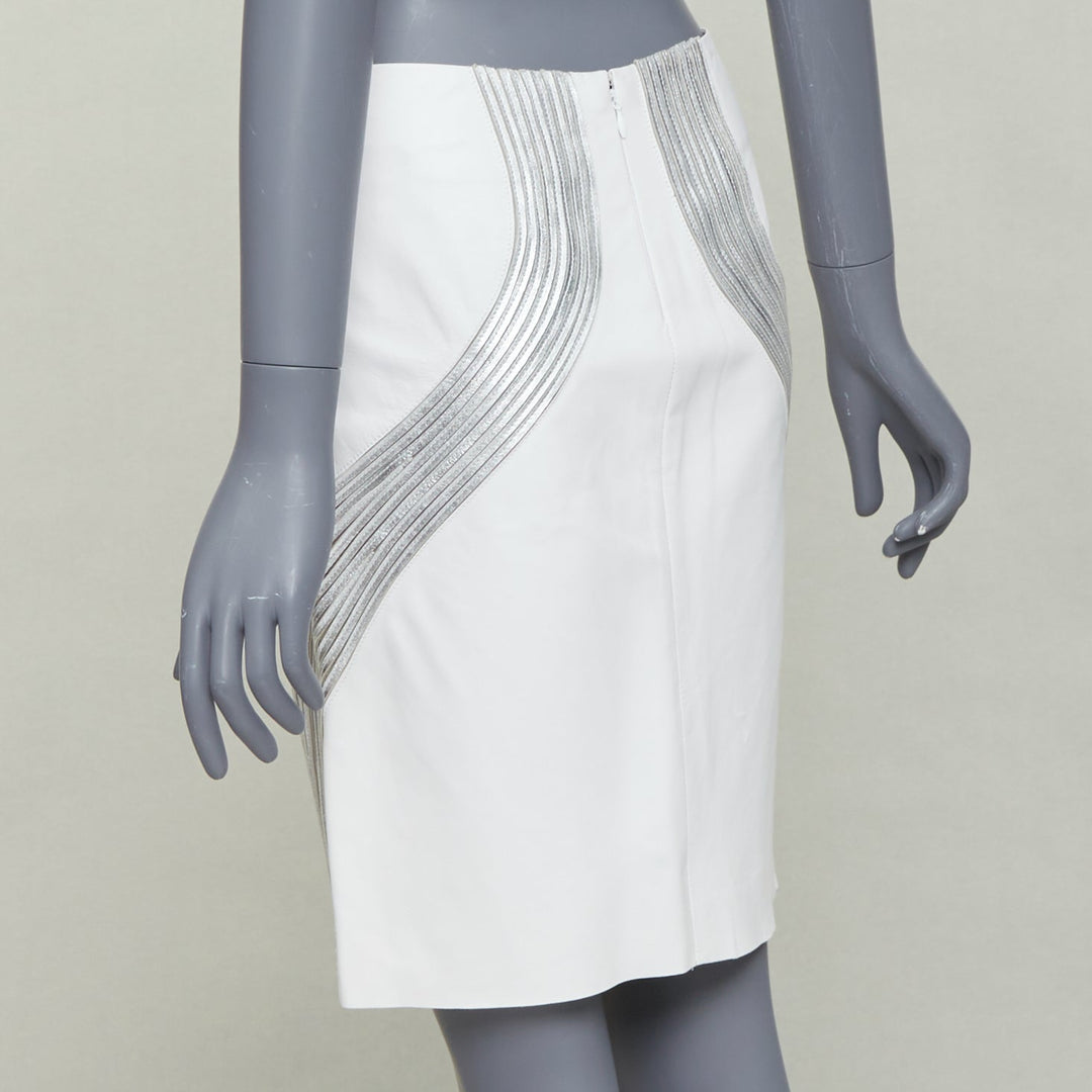 JEAN CLAUDE JITROIS white  leather silver silk applique pencil skirt IT36 XXS