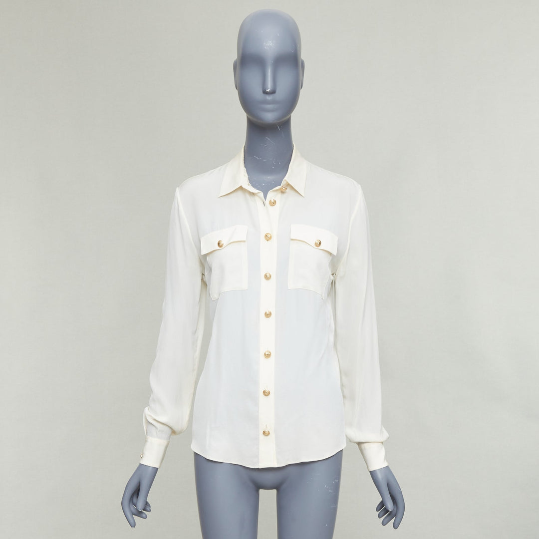 BALMAIN cream 100% silk gold buttons pocketed military blouse FR36 S