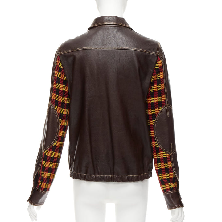 MARNI brown lambskin leather overstitching plaid lined zip jacket IT42 M