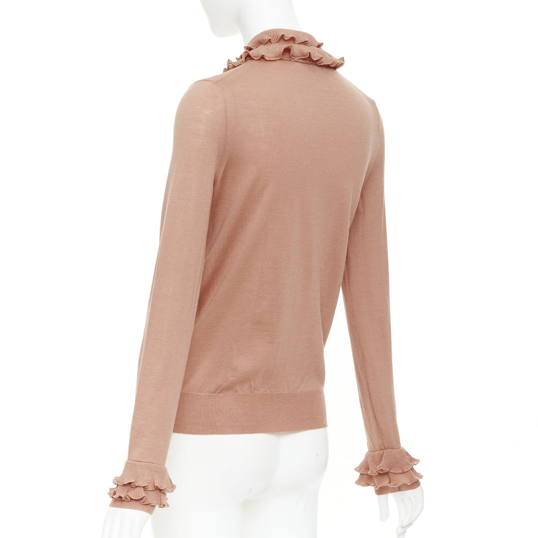YVES SAINT LAURENT Rive Gauche beige wool ruffle tier cuff knit cardigan XS