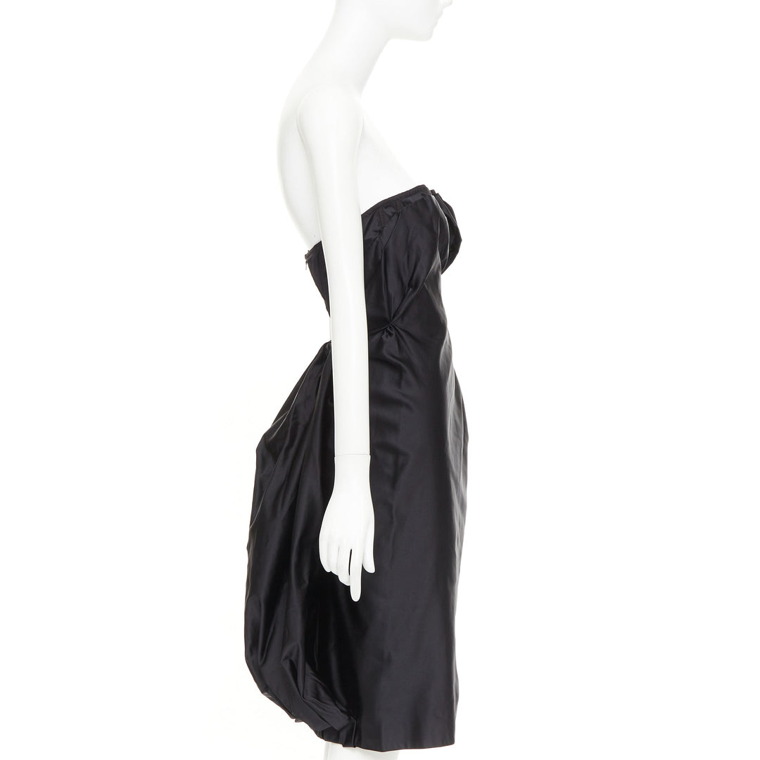 PRADA black silk asymmetric gathered drape corset lined strapless dress IT38 XS