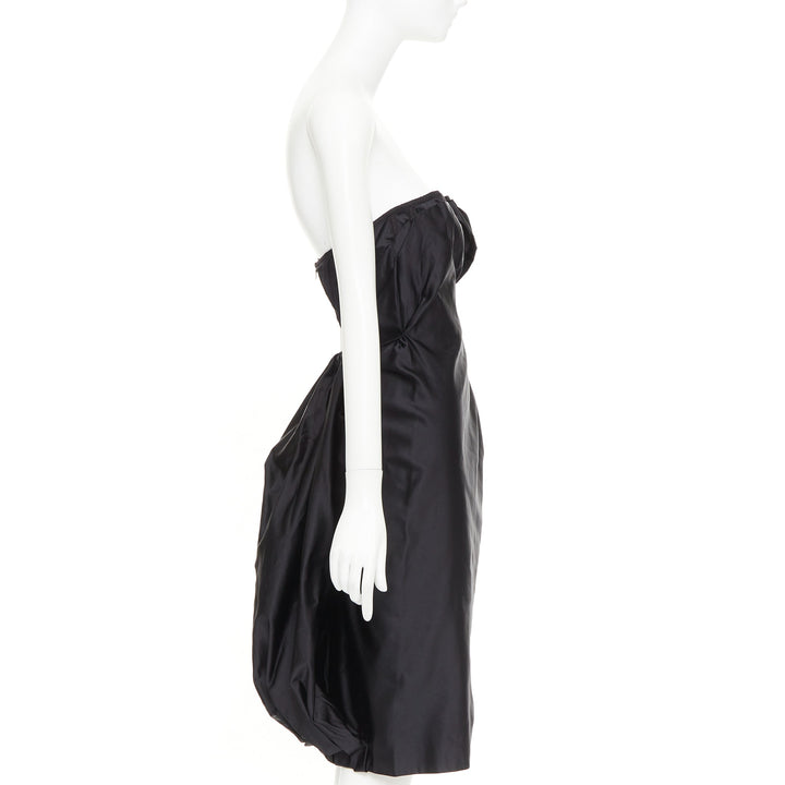 PRADA black silk asymmetric gathered drape corset lined strapless dress IT38 XS