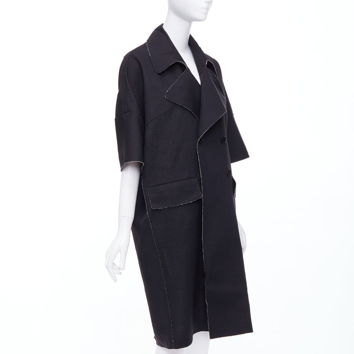 MARNI black wool linen frayed edge double breasted long coat IT38 XS