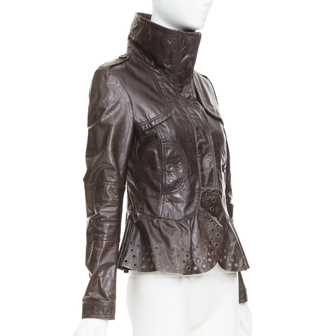 PATRIZIA PEPE brown stiff leather eyelet stud high collar biker jacket IT42 M