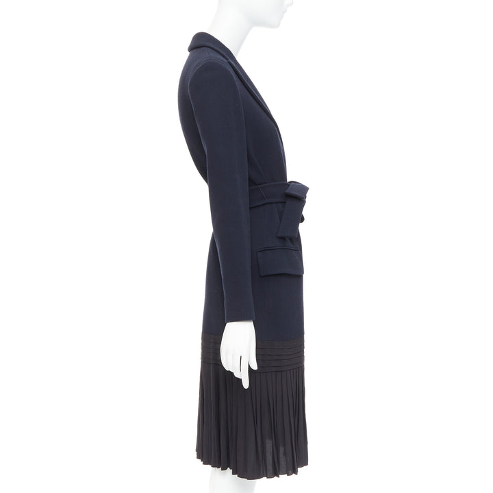 DIOR navy virgin wool silk lined pleated hem belted coat FR36 S