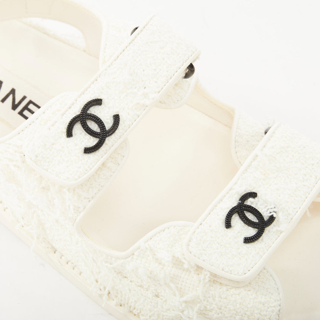 CHANEL 2021 frayed white tweed CC hook and loop open toe dad sandals EU37.5C