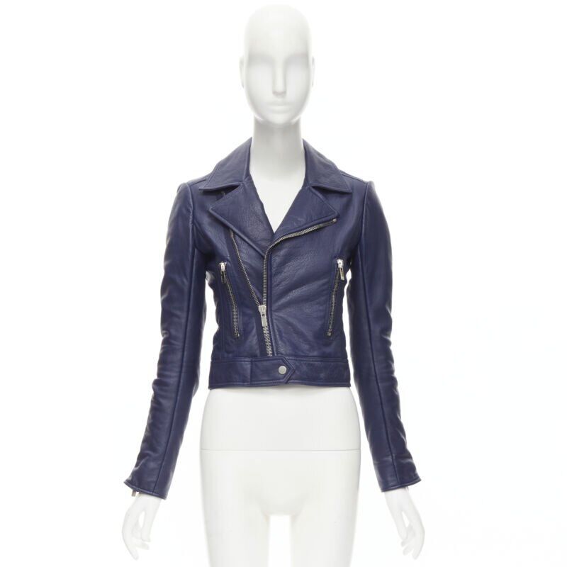 BALENCIAGA 2014 dark blue lambskin leather cropped fit biker jacket FR34 XS