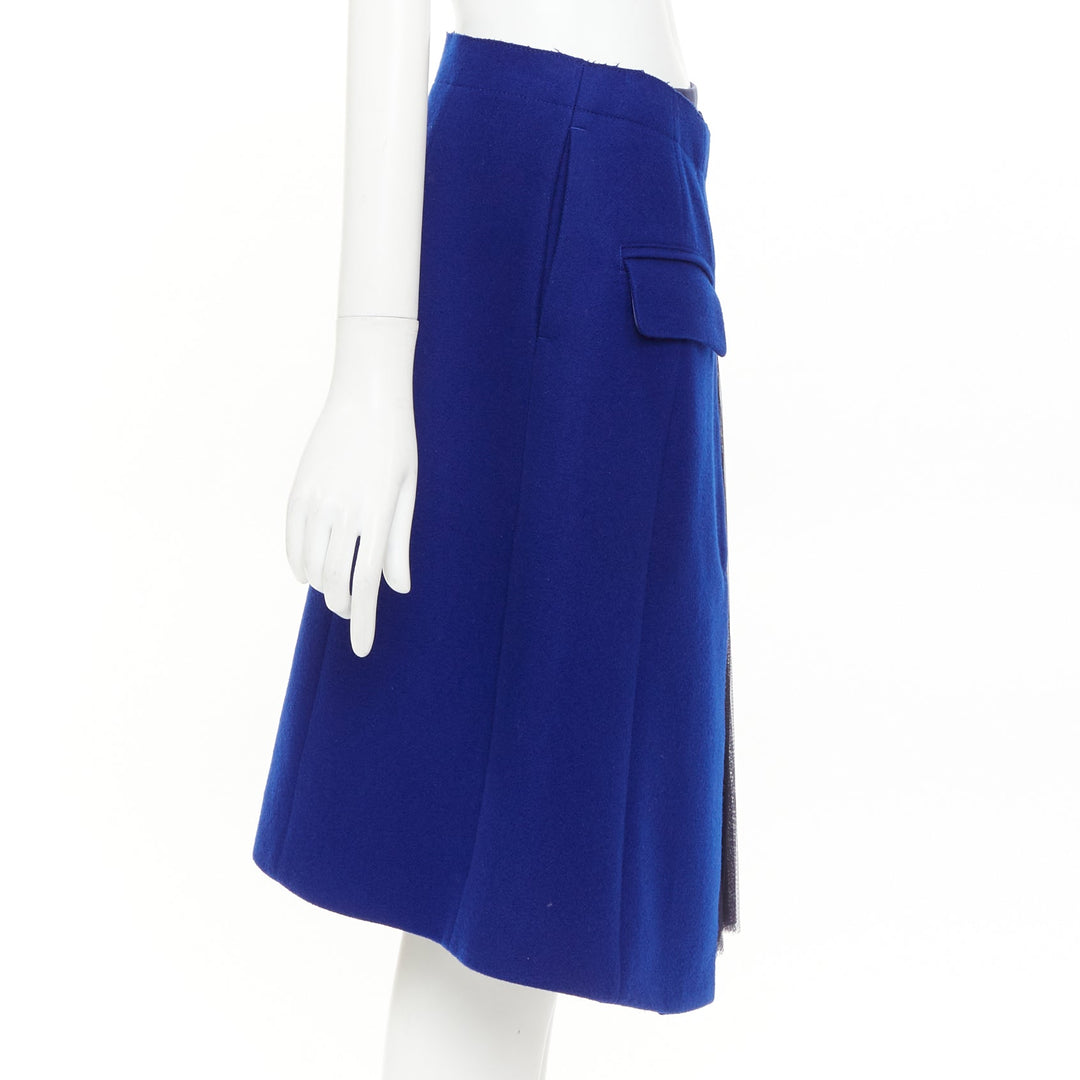 SACAI 2014 Double Skirt Hybrid cobalt wool navy pleated sheer wrap skirt JP1 S