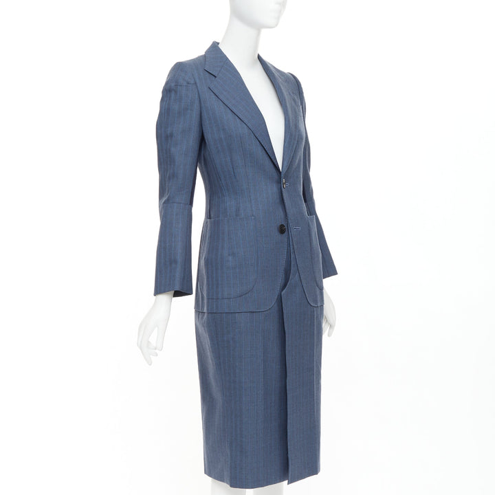 JUNYA WATANABE 2012 Runway blue wool pinstriped tromp loeil seam long coat S