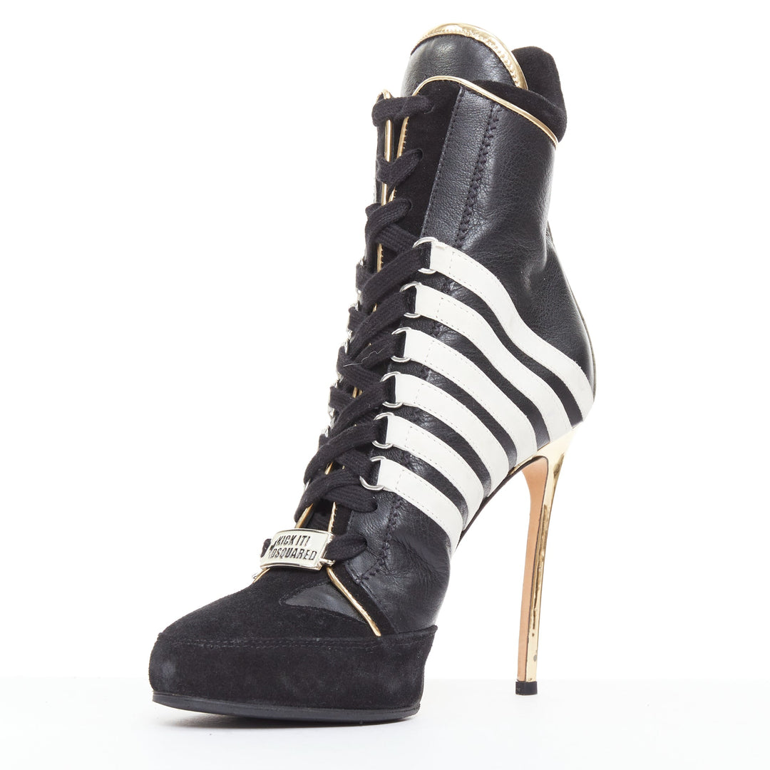 rare DSQUARED2 Vintage black white striped gold heel sneaker boots EU37