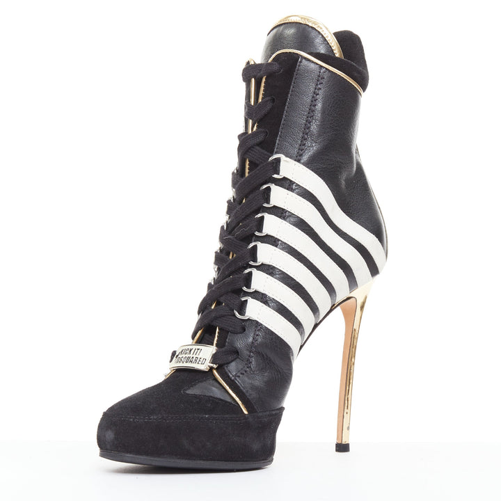 rare DSQUARED2 Vintage black white striped gold heel sneaker boots EU37
