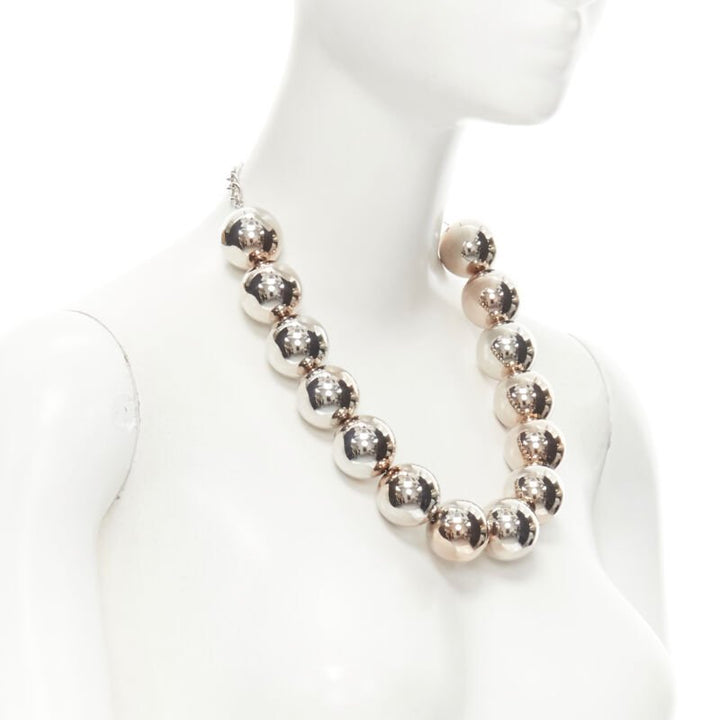 OSCAR DE LA RENTA Bold Beaded single strand silver XL ball statement necklace