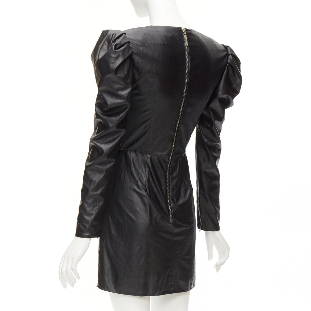 BRONX & BANCO black coated fabric puff shoulder drape skirt mini dress XS