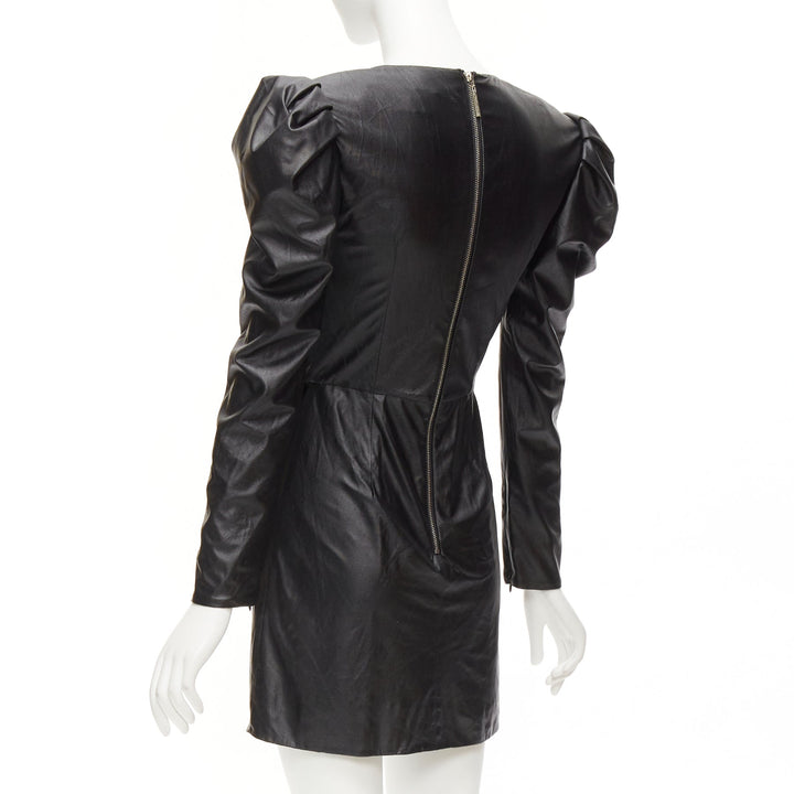 BRONX & BANCO black coated fabric puff shoulder drape skirt mini dress XS