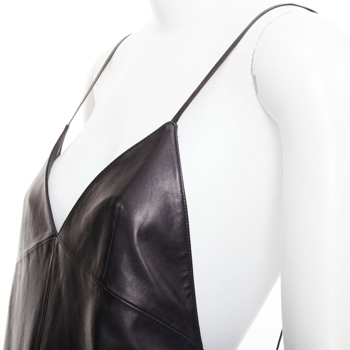 SAINT LAURENT 2024 black lambskin plunge low cut open back slip dress FR38 M