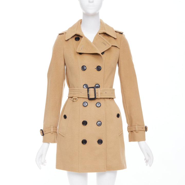 BURBERRY camel wool cashmere black logo buttons classic trench coat UK4 XXS