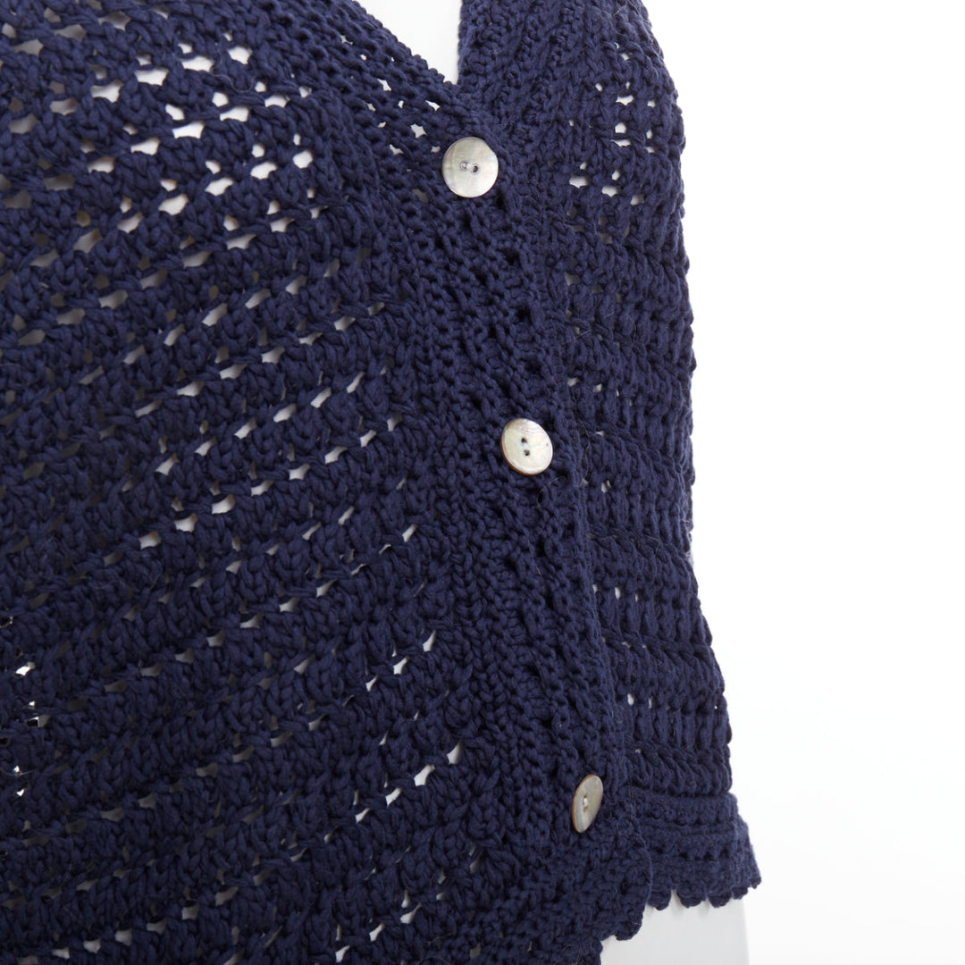 VINCE navy organic cotton crochet open knit scalloped cropped cardigan S