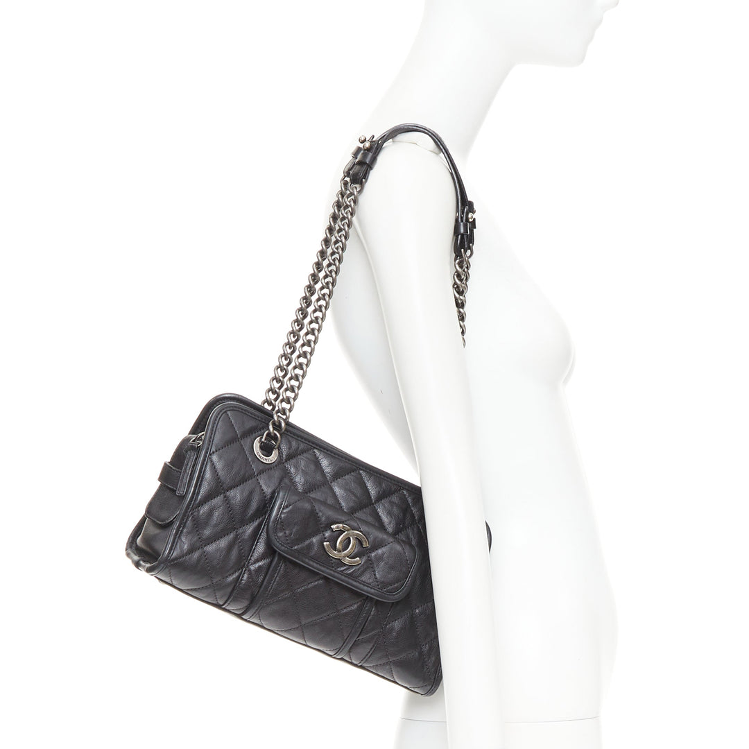 CHANEL Small Casual Riviera Zip black leather ruthenium CC chain shoulder bag
