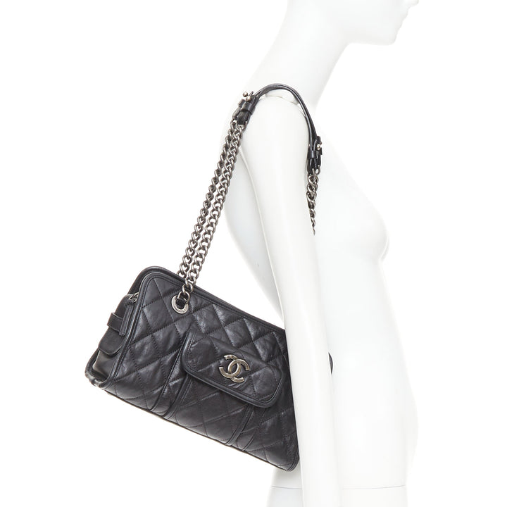 CHANEL Small Casual Riviera Zip black leather ruthenium CC chain shoulder bag