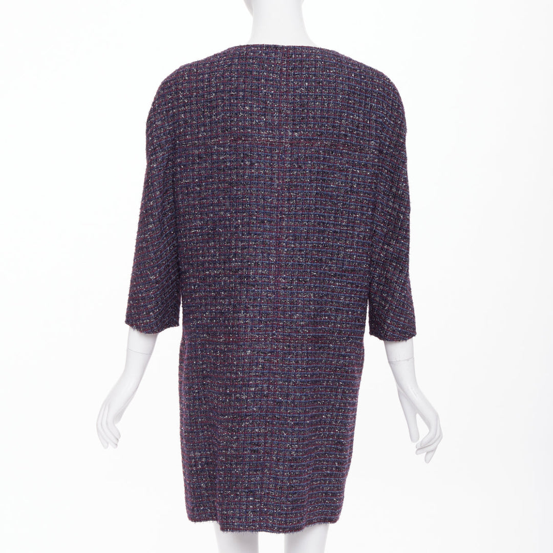 CHANEL 2014 purple metallic CC button four pocket collarless tweed coat FR44