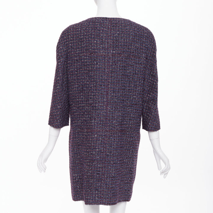 CHANEL 2014 purple metallic CC button four pocket collarless tweed coat FR44