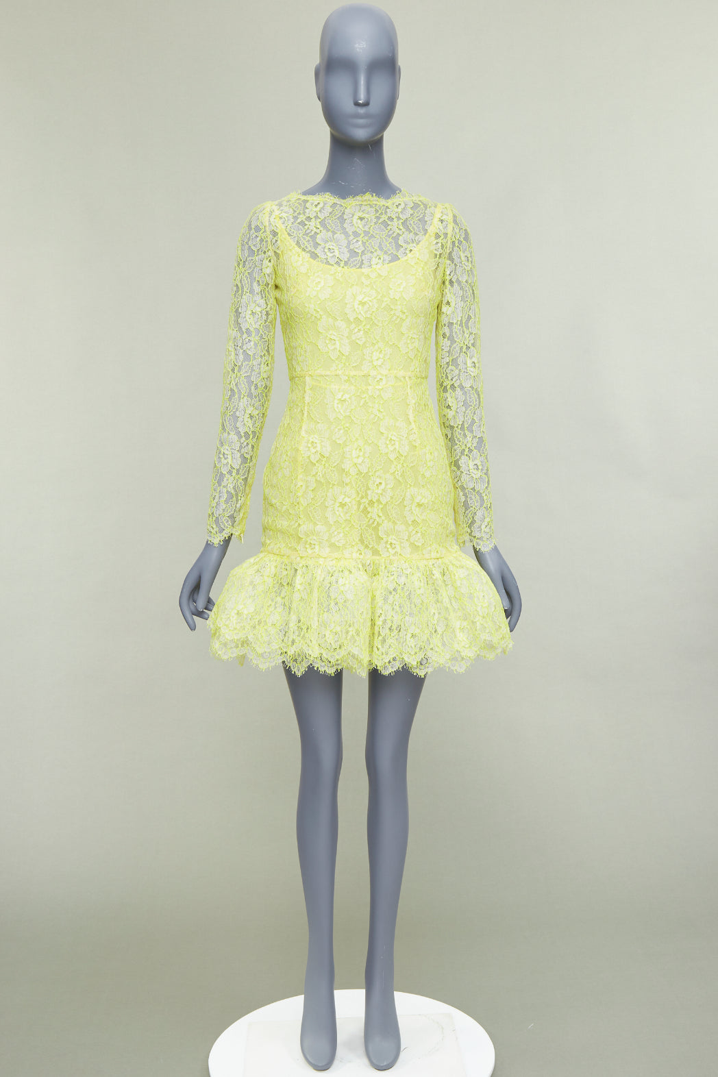 VALENTINO neon yellow cream lace silk lined tulle trim mini dress