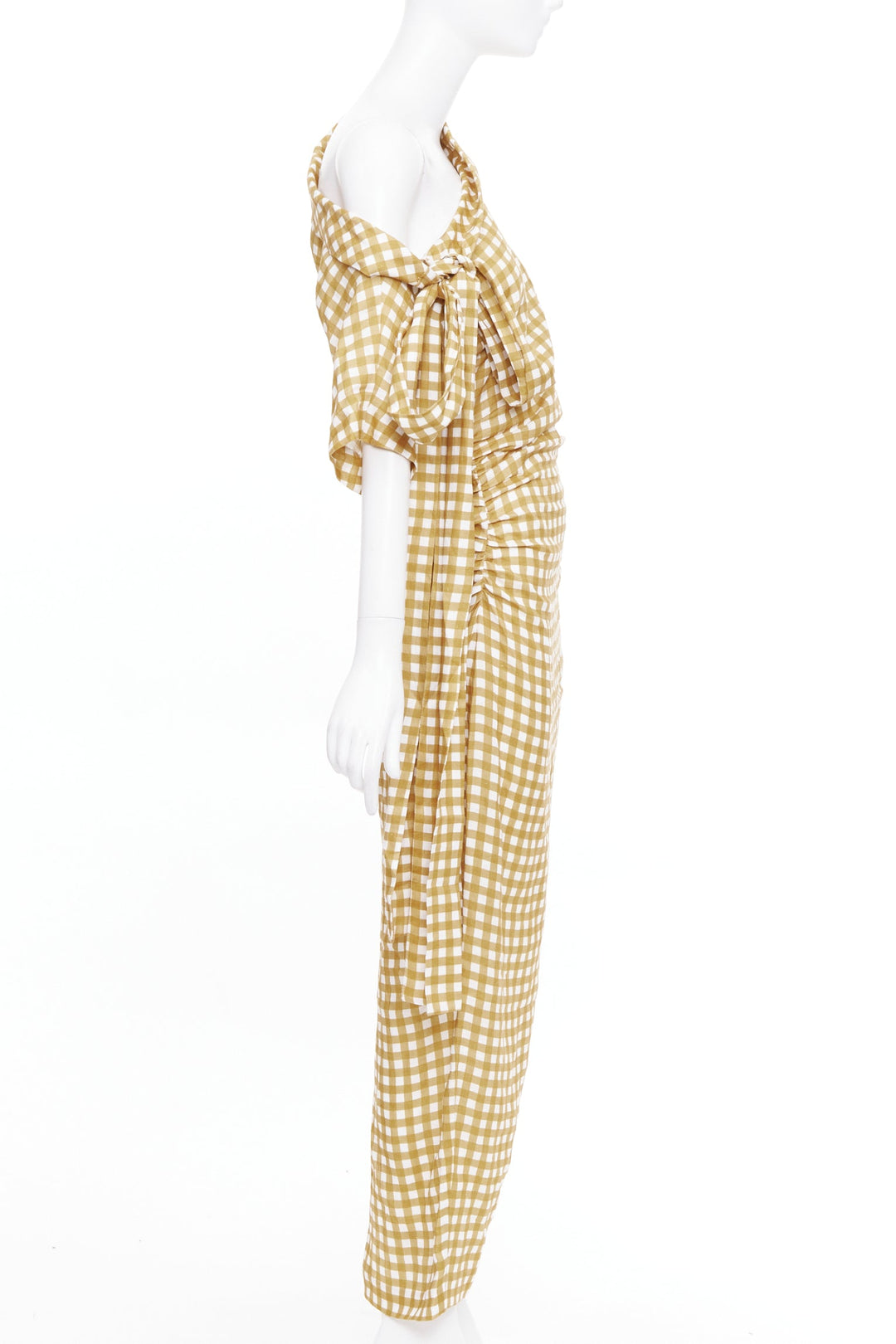 BERNADETTE Nowie brown off white gingham linen asymmetric belted dress IT40 S