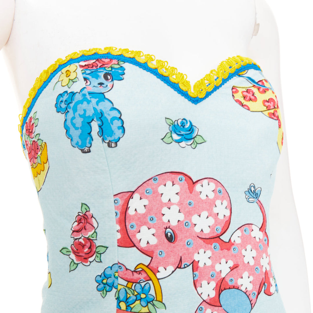 MOSCHINO COUTURE! 2022 Runway Calico Animals blue strapless dress IT38 XS