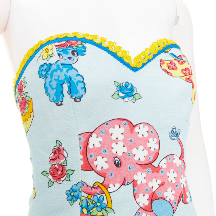MOSCHINO COUTURE! 2022 Runway Calico Animals blue strapless dress IT38 XS