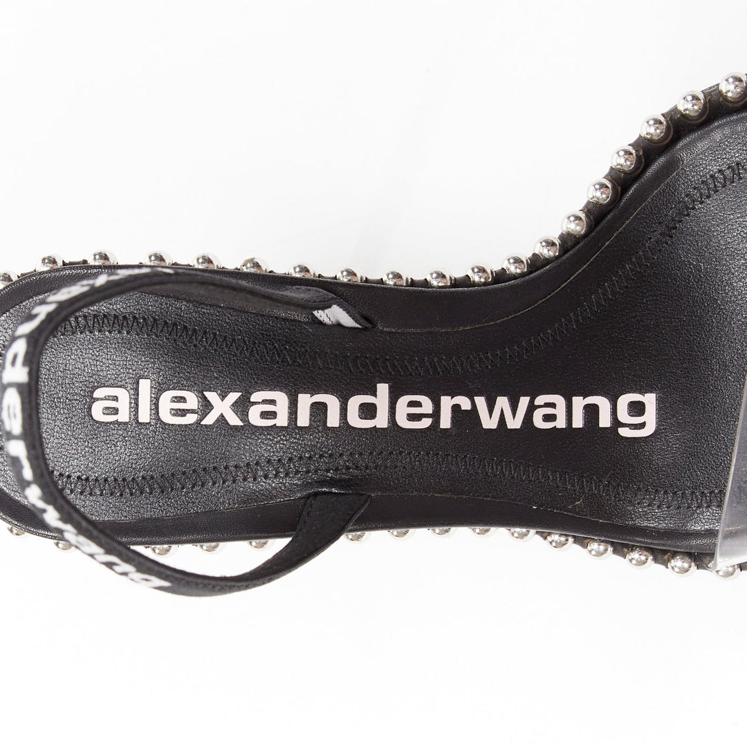 ALEXANDER WANG Nova 105 silver studded black logo slingback heels EU35